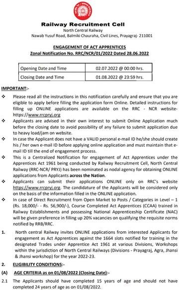 RRC North Central Railway Recruitment 2022 For 1659 Trade Apprentice Posts 1 RRC North Central Railway Recruitment 2022